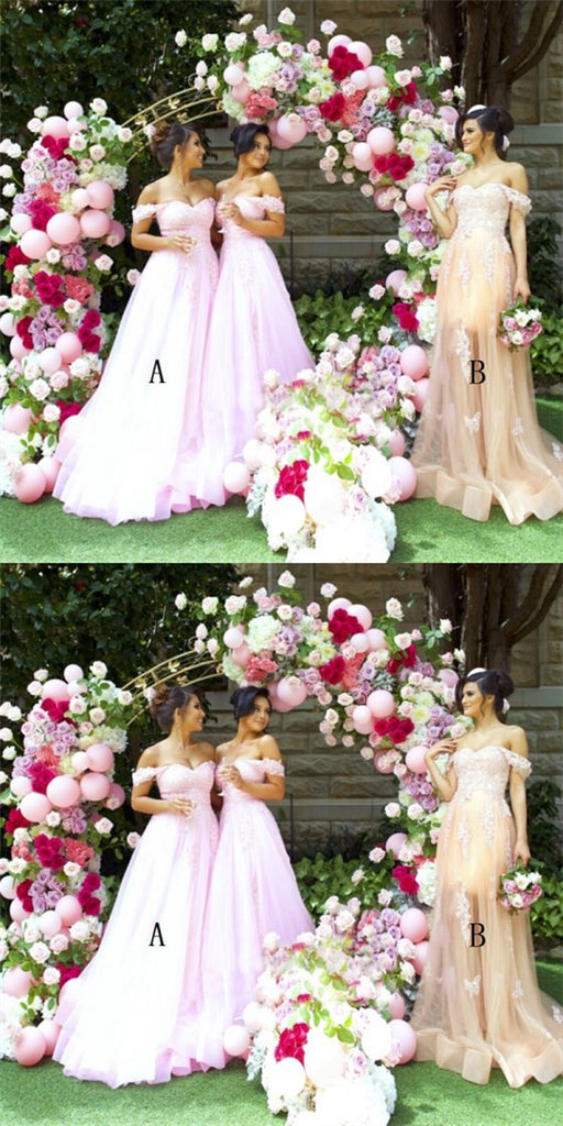 A-Line Off Shoulder Long Cheap Pink Tulle Bridesmaid Dresses with Appliques, QB0028
