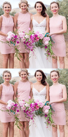 Tight Round Neck Sleeveless Pink Satin Short Cheap Bridesmaid Dresses Online, QB0035