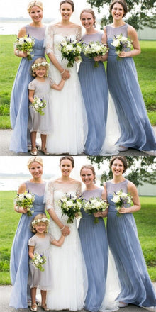 Light Blue Round Neck Chiffon Long Cheap Bridesmaid Dresses Online, QB0111