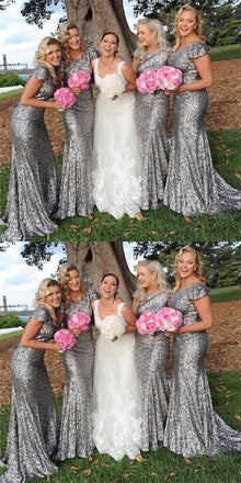 Mermaid Round Neck Cap Sleeve Long Cheap Silver Sequin Bridesmaid Dresses Online, QB0161