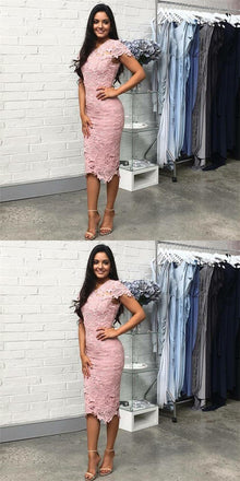 Tight Round Neck Cap Sleeves Pink Lace Short Cheap Bridesmaid Dresses Online, QB0112