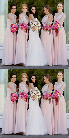 Elegant Round Neck Long Cheap Pink Chiffon Bridesmaid Dresses Online, QB0174