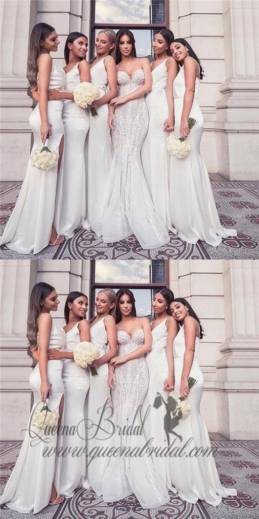 2019 Mermaid V-neck Long White Bridesmaid Dresses with Split, QB0481