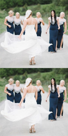 Mermaid Round Neck Lace Applique Cap Sleeves Dark Blue Bridesmaid Dresses Online, QB0038