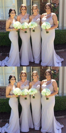 Mermaid One Shoulder Long Cheap Lilac Bridesmaid Dresses with Lace Appliques, QB0164