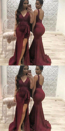 Mermaid V-Neck Split Front Backless Burgundy Bridesmaid Dresses with Ruffles, QB0025