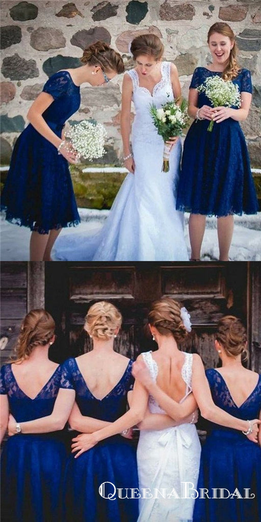 A-Line Bateau Short Sleeves Royal Blue Lace Bridesmaid Dresses, QB0803