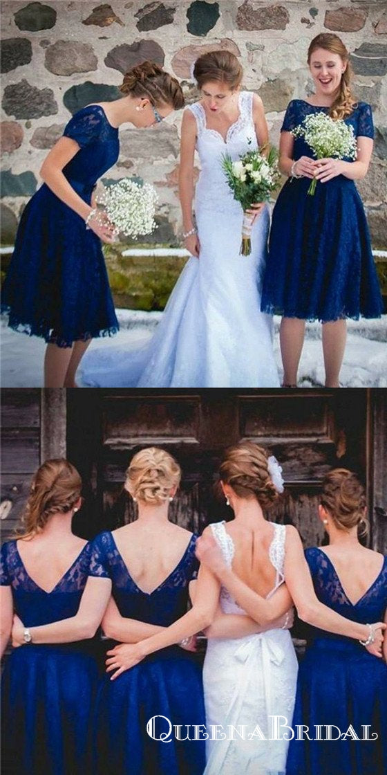 A-Line Bateau Short Sleeves Royal Blue Lace Bridesmaid Dresses, QB0803 QueenaBridal A-Line Bateau Short Sleeves Royal Blue Lace Bridesmaid Dresses, QB0803 QueenaBridal