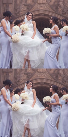 Mermaid Deep V-Neck Long Cheap Lavender Bridesmaid Dresses with Bow, QB0031