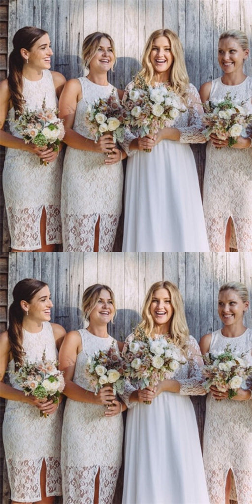 Tight Round Neck Sleeveless White Long Cheap Lace Bridesmaid Dresses O QueenaBridal Tight Round Neck Sleeveless White Long Cheap Lace Bridesmaid Dresses O QueenaBridal