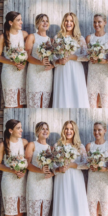 Tight Round Neck Sleeveless White Long Cheap Lace Bridesmaid Dresses Online, QB0114