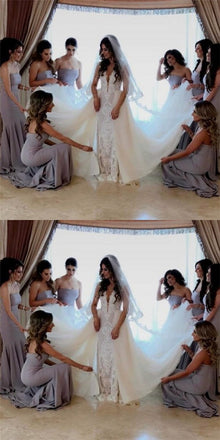 Mermaid Strapless Long Cheap  Grey Satin Bridesmaid Dresses Online, QB0203