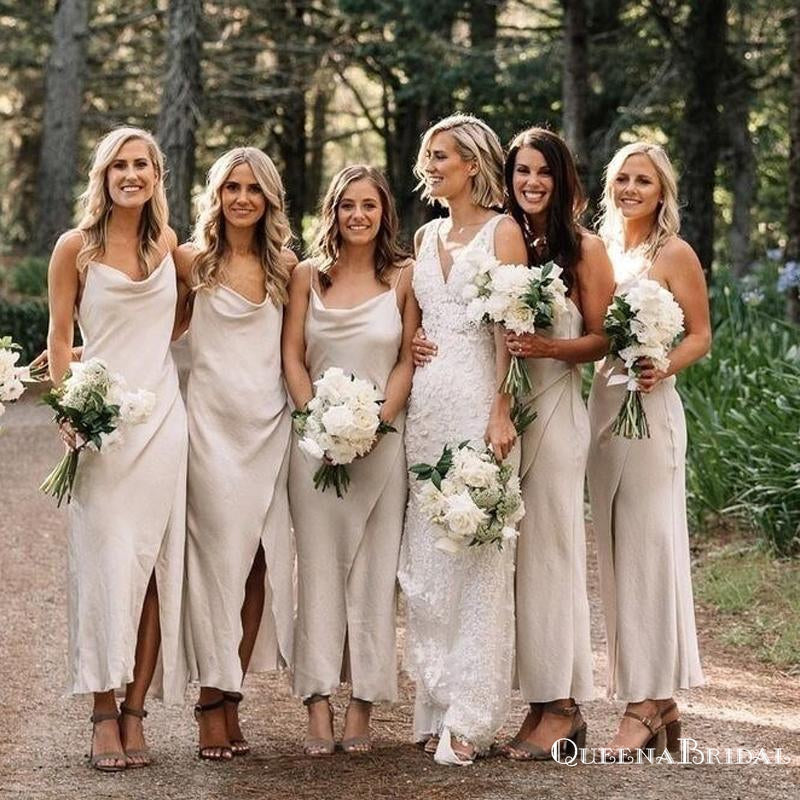 ivory silk bridesmaid dresses Ivory Bridesmaids Dress A Line Off The Shoulder V-Neck Stretch Satin Bridesmaid Dress With Slit