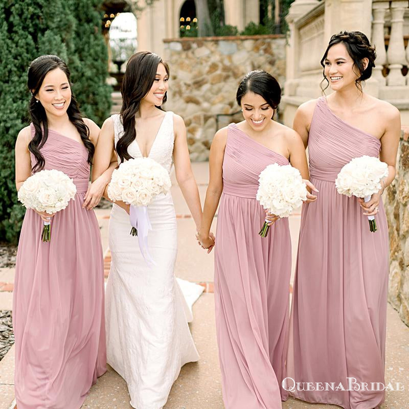 Charming One Shoulder Dusty Pink Chiffon A-line Long Cheap Bridesmaid Dresses, BDS0031