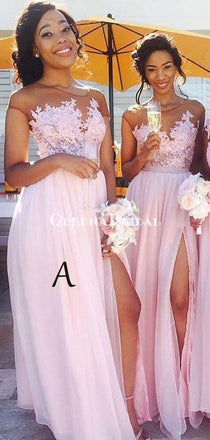 Sexy Side Slit Cap Sleeve Pink Custom Long Bridesmaid Dresses, WG233