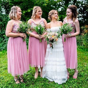 Spaghetti Strap Pink Tulle A-line Tea-Length Cheap Bridesmaid Dresses, BDS0130