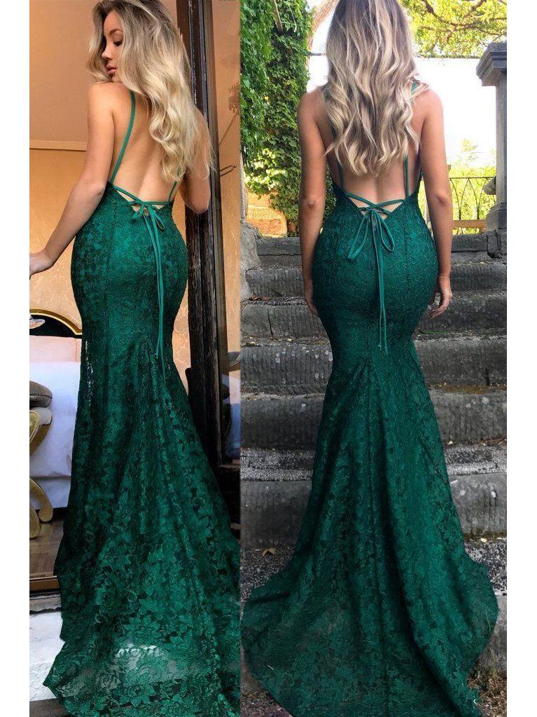 Burgundy Spaghetti Strap V-neck Mermaid Lace Prom Dresses Online, QB0272