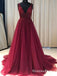 See Through V Neck Dark Red Beaded Long Evening Prom Dresses, QB0607