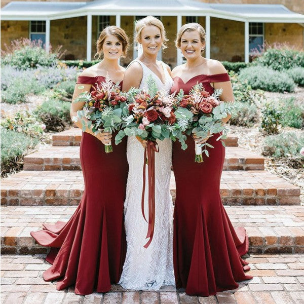 Burgundy Off Shoulder Long Mermaid Cheap Satin Bridesmaid Dresses Onli QueenaBridal Burgundy Off Shoulder Long Mermaid Cheap Satin Bridesmaid Dresses Onli QueenaBridal