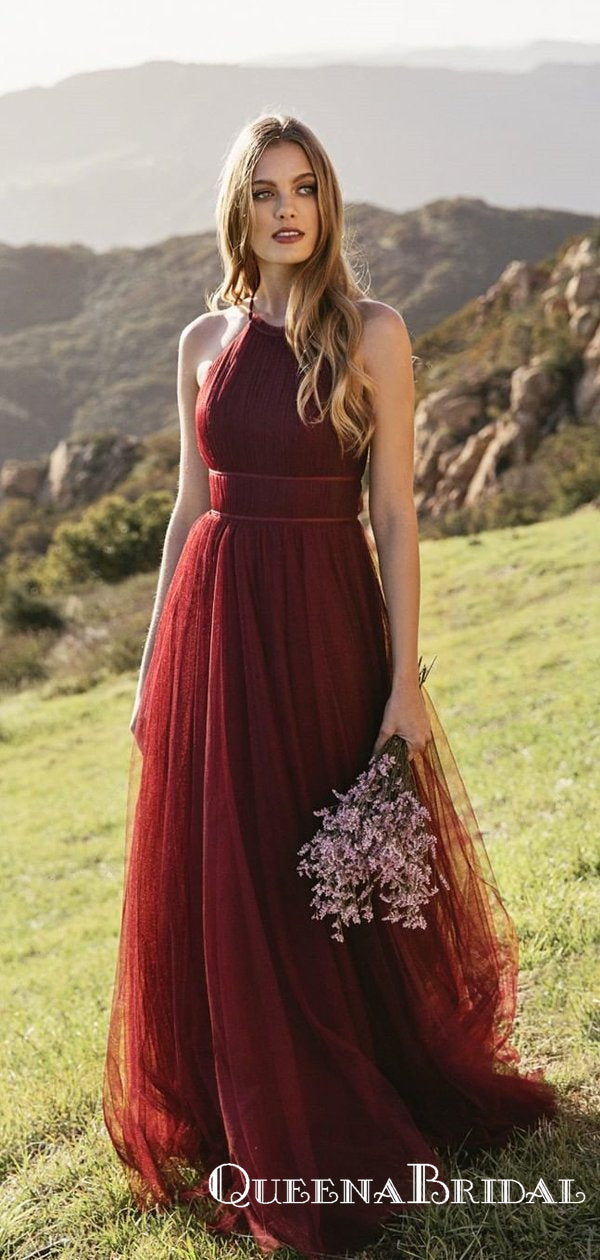 Mismatched Straps Burgundy Tulle Long Cheap Bridesmaid Dresses, QB0873 QueenaBridal Mismatched Straps Burgundy Tulle Long Cheap Bridesmaid Dresses, QB0873 QueenaBridal
