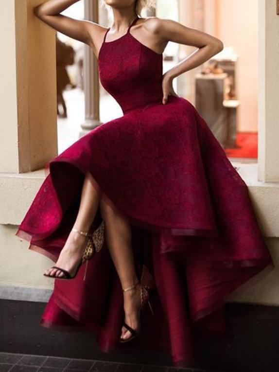 Halter Cute Dark Red High Low Lace Homecoming Dresses 2018, CM511 QueenaBridal Halter Cute Dark Red High Low Lace Homecoming Dresses 2018, CM511 QueenaBridal