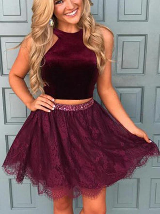 Halter Two Piece Red Lace Cheap Homecoming Dresses 2025 , CM413