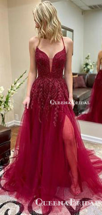 New Arrival A Line Sexy Spaghetti Straps Red Tulle Side Slit Long Cheap Charming Prom Dresses With Appliques, PDS0052