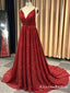 Burgundy V Neck Sleeveless Sequin Long Cheap Backless Prom Dresses, QB0759