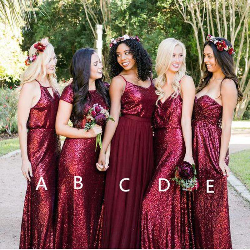 Mismatched Dark Red Sequin Custom Long Bridesmaid Dresses, WG223 QueenaBridal Mismatched Dark Red Sequin Custom Long Bridesmaid Dresses, WG223 QueenaBridal