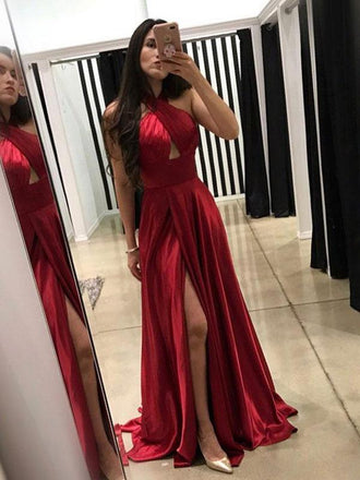 Simple Burgundy Halter Side Slit Long Cheap Evening Prom Dresses, QB0393