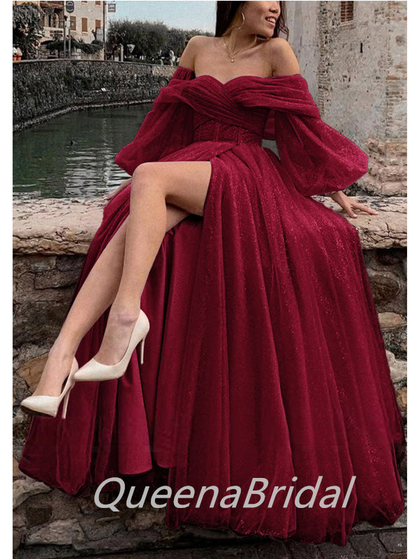 Gorgeous Burgundy A-Line High Slit Cheap Maxi Long Prom Dresses,WGP267