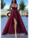 Burgundy A-line Spaghetti Straps High Slit Maxi Long Evening Prom Dresses, WGP266
