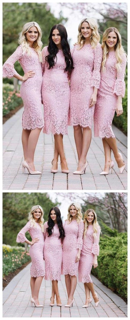 Long Sleeves Pink Lace Mermaid Cheap Short Bridesmaid Dresses Online, WG257