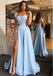 Cap Sleeves Side Slit Blue Sweetheart Long Evening Prom Dresses, QB0431