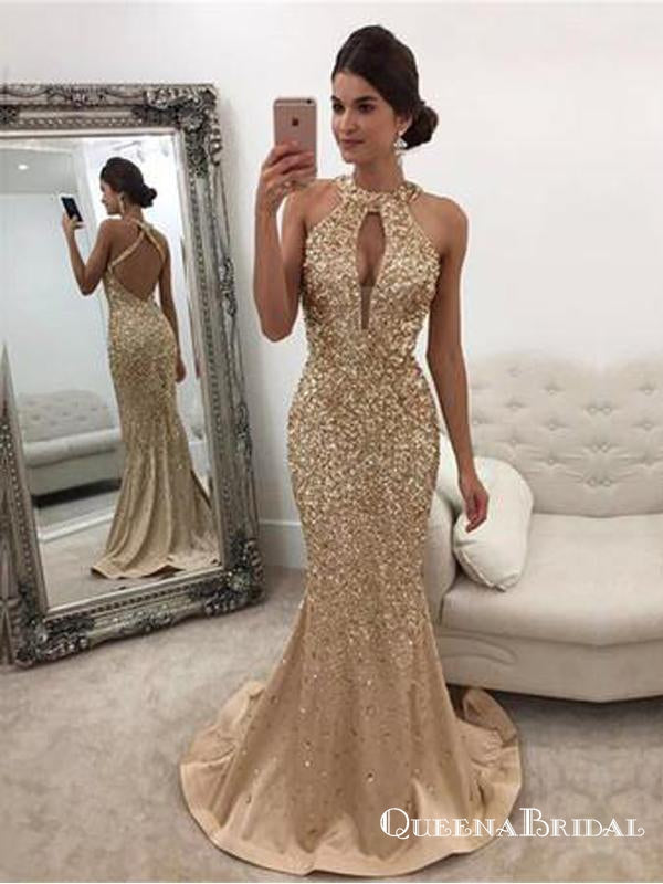 Long Champagne Satin Halter Prom Dresses Mermaid Crystal Beaded, QB054 QueenaBridal Long Champagne Satin Halter Prom Dresses Mermaid Crystal Beaded, QB054 QueenaBridal