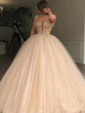 Spaghetti Straps Beaded Ball Gown Tulle Cheap Long Evening Prom Dresses, QB0366