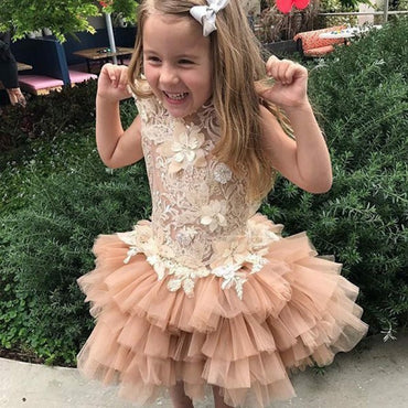 Cute Jewel Tiered Flower Girl Dresses with Lace Appliques, QB0092