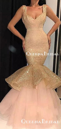 Charming New Arrival Square Neckline Sleeveless Sparkly Champagne Sequin Mermaid Long Cheap Prom Dresses, PDS0029
