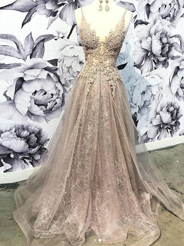 champagne v neck prom dress Champagne Sequins Long A-Line Prom Dress, Shiny V-Neck Spaghetti Strap