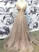 Champagne Long V Neck Appliques Prom Dresses With Beading, QB0612