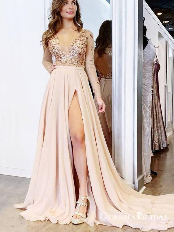 A Line V neck Long Sleeves Light Champagne Prom Dresses With Appliques, QB0587