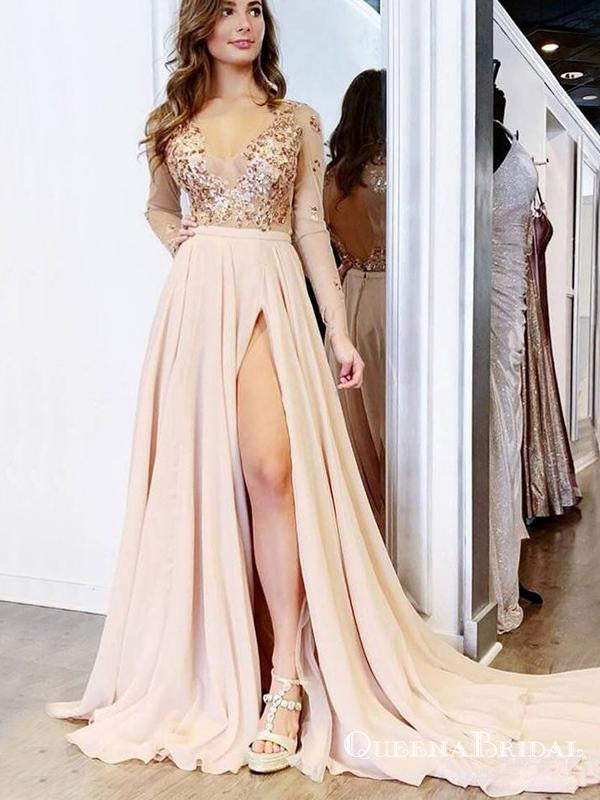 A Line V neck Long Sleeves Light Champagne Prom Dresses With Appliques – QueenaBridal A Line V neck Long Sleeves Light Champagne Prom Dresses With Appliques – QueenaBridal