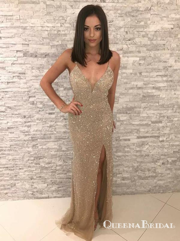 Champagne V Neck Sleeveless Beaded Long Prom Dresses With Side Slit, Q QueenaBridal Champagne V Neck Sleeveless Beaded Long Prom Dresses With Side Slit, Q QueenaBridal