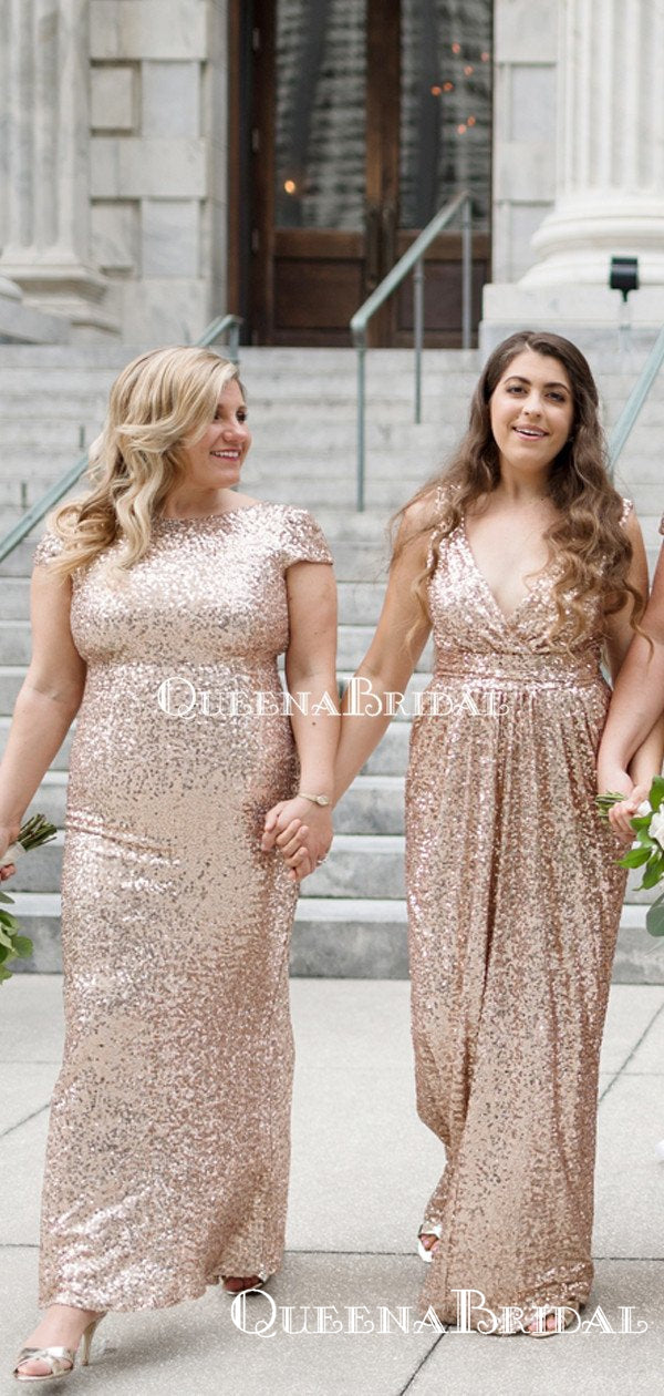 Mismatched Sparkly Champagne Sequin Long Cheap Bridesmaid Dresses, BDS QueenaBridal Mismatched Sparkly Champagne Sequin Long Cheap Bridesmaid Dresses, BDS QueenaBridal