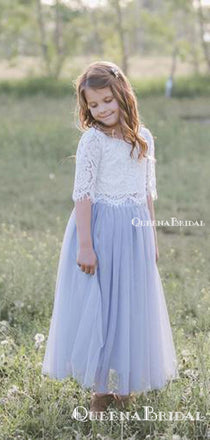 Cute Two Piece Half-Sleeves Tulle Long Cheap A-line Flower Girl Dresses, FGS0002