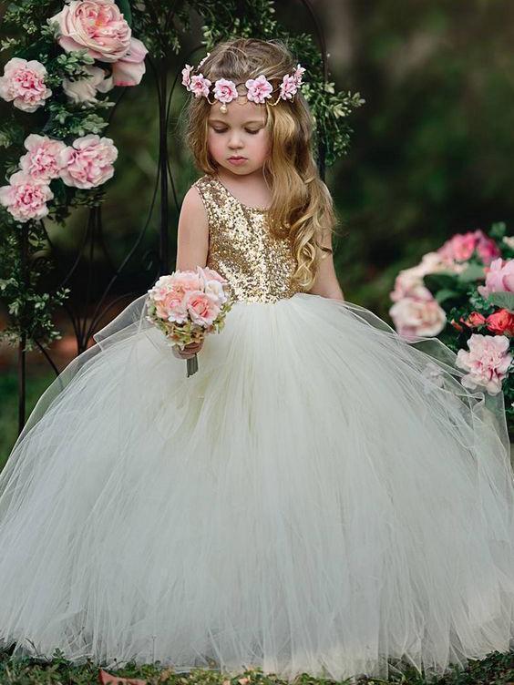 Cheap Cute Princess Flower Girl Dresses with Shiny Gold Sequin Top, QB QueenaBridal Cheap Cute Princess Flower Girl Dresses with Shiny Gold Sequin Top, QB QueenaBridal
