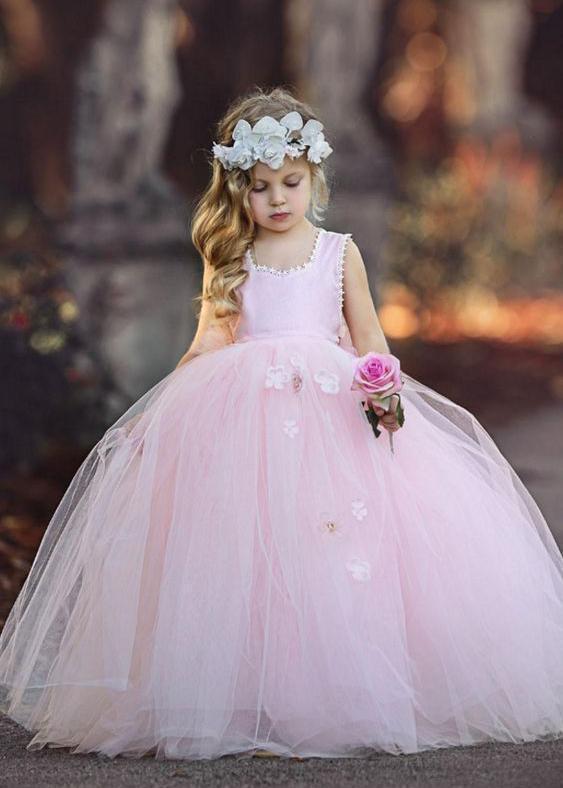 Cheap Tulle Sleeveless Light Pink Princess Ball Gown Flower Girl Dress QueenaBridal Cheap Tulle Sleeveless Light Pink Princess Ball Gown Flower Girl Dress QueenaBridal