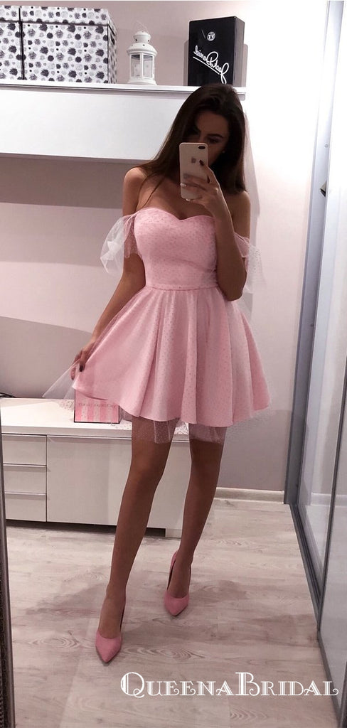 Cute A-Line Off the Shoulder Pink Tulle Short Homecoming Dresses, QB0863