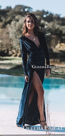 Elegant Sexy Deep V-neck Long Sleeveless High Side Slit Long Cheap Velvet Prom Dresses, QB0964