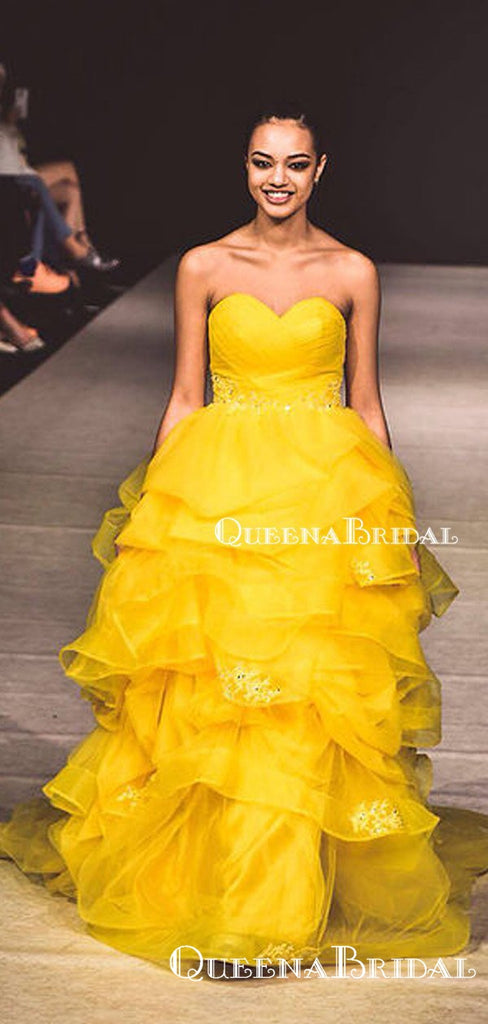 Sweetheart Ball Gown Charming Sleeveless Yellow Tulle Beaded Long Cheap Prom Dresses, QB0954